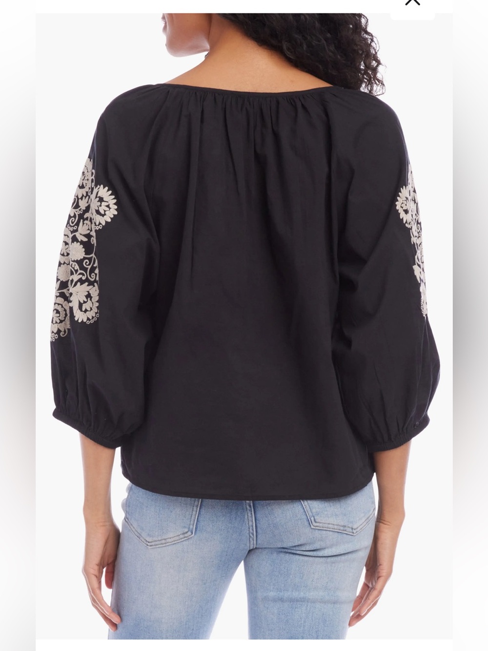 Karen Kane Black Blouse with Cream Embroidery and Tassel Tie - Picture 3 of 7